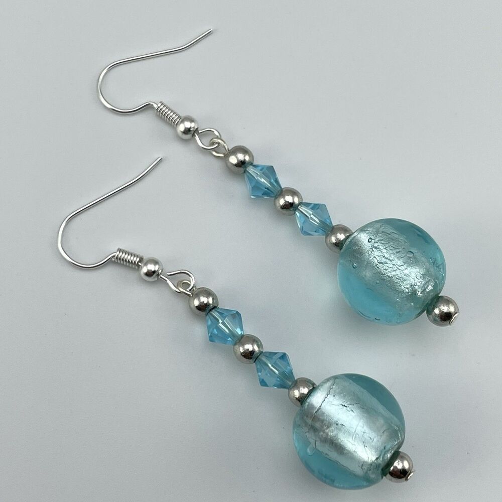 Vintage Blue Foil Glass Beaded Dangle Earrings Silver Tone Boho Unique Cute